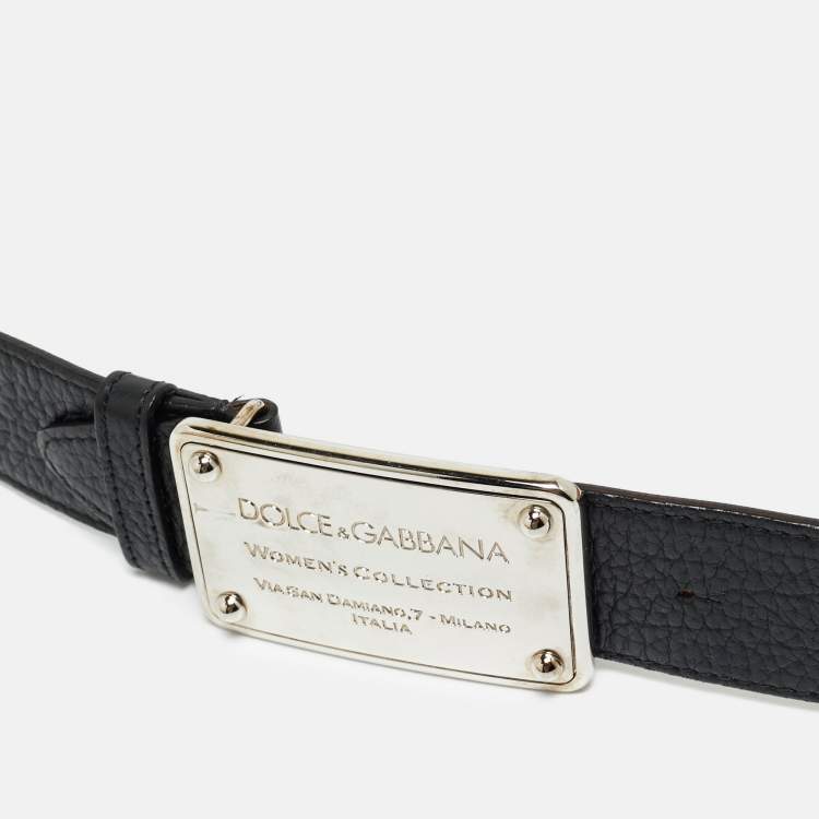 Pre Owned Dolce & Gabbana Black Leather Logo Plaque Buckle Belt 85 CM