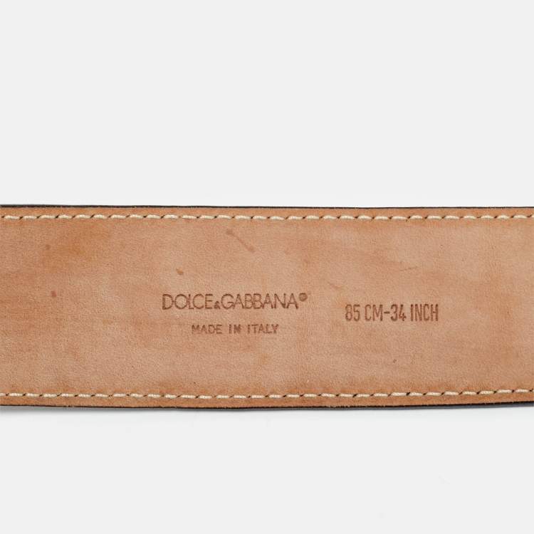 Pre Owned Dolce & Gabbana Black Leather Logo Plaque Buckle Belt 85 CM
