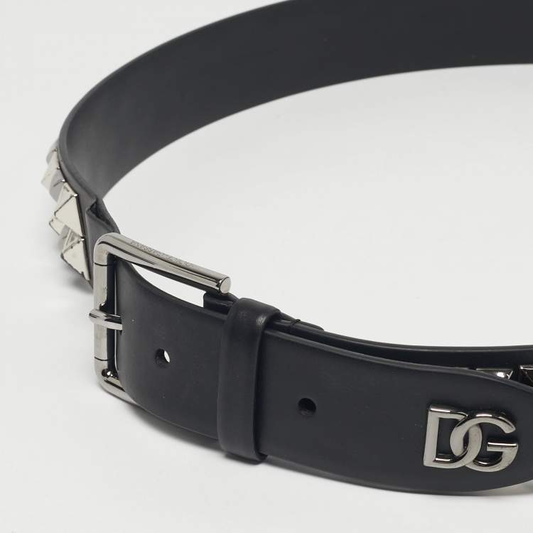 Pre Owned Dolce & Gabbana Black Leather Studded DG Buckle Belt 105CM