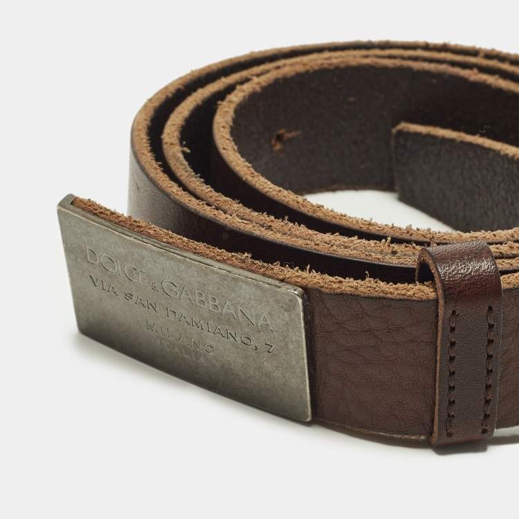 Pre Owned Dolce & Gabbana Logo Plaque 90 CM Buckle Belt Brown Leather