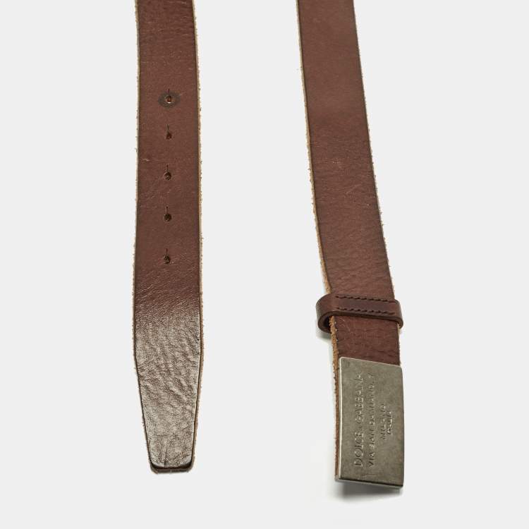 Pre Owned Dolce & Gabbana Logo Plaque 90 CM Buckle Belt Brown Leather