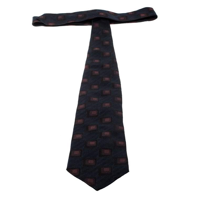 Pre Owned Dolce & Gabbana Navy Blue Chevron and Geometric Pattern Silk Jacquard Tie