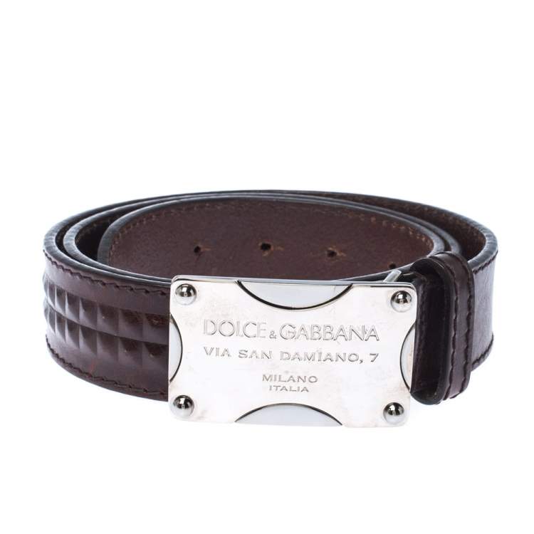 Pre Owned Dolce & Gabanna Dark Brown Leather Logo Plaque Belt 95CM