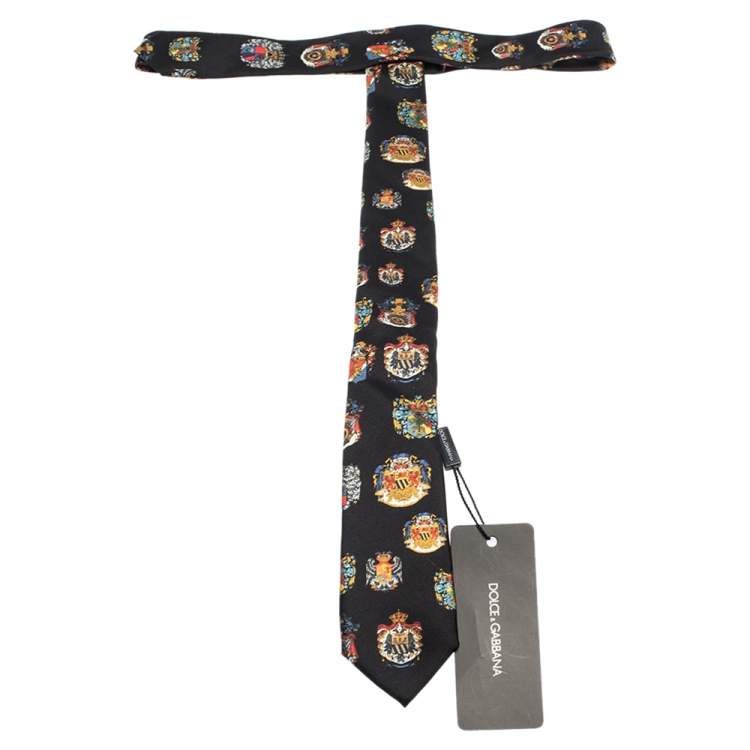 مملوكة مسبقًا Dolce & Gabbana Black Crest Print Skinny Silk Tie 