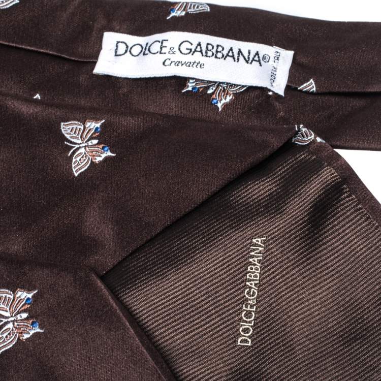 Pre Owned Dolce & Gabbana Brown Butterfly Motif Silk Jacquard Tie