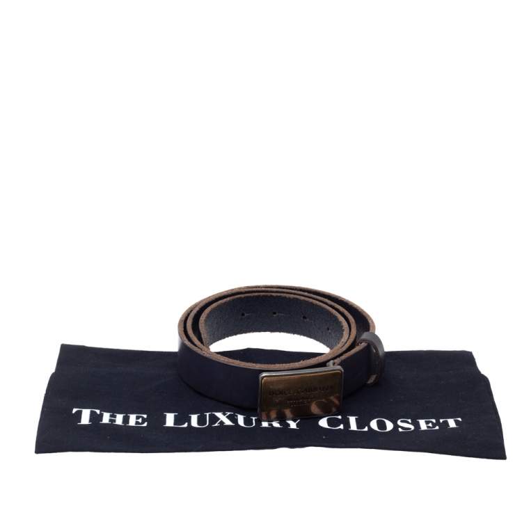 Pre Owned Dolce & Gabbana Dark Grey Leather Logo Plaque Belt 95CM