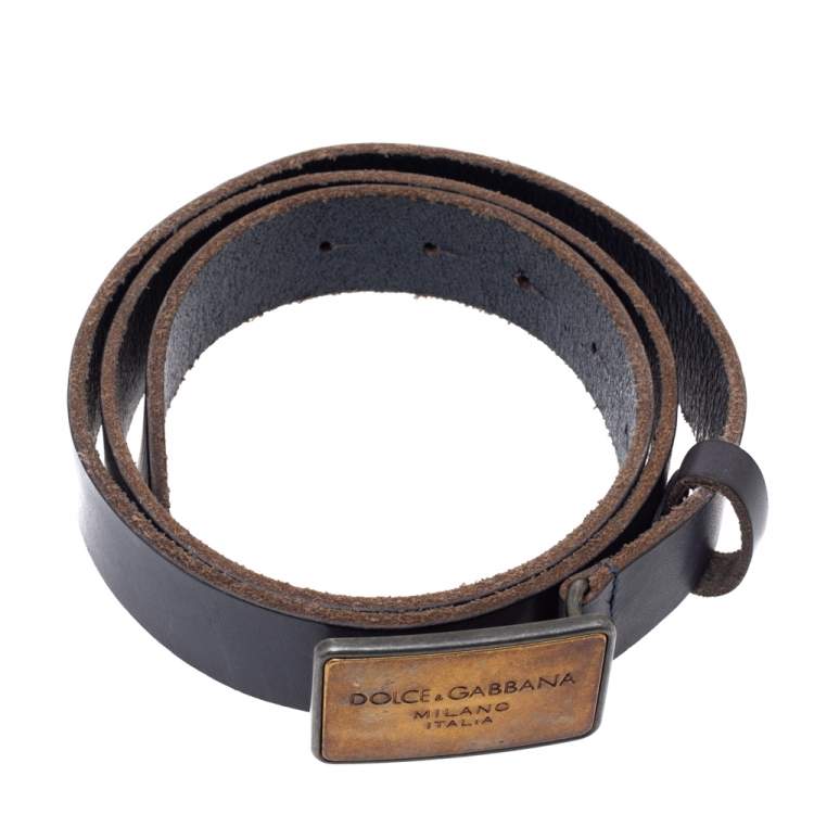 Pre Owned Dolce & Gabbana Dark Grey Leather Logo Plaque Belt 95CM