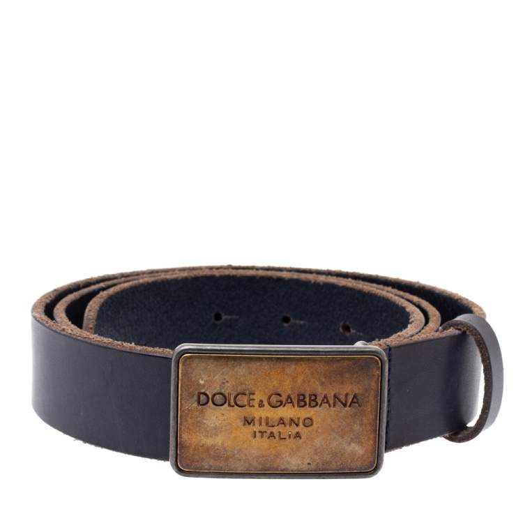 Pre Owned Dolce & Gabbana Dark Grey Leather Logo Plaque Belt 95CM