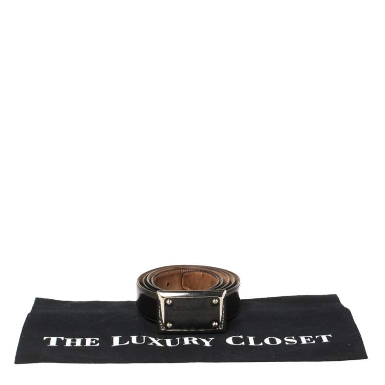 Pre Owned Dolce & Gabbana Black Patent Leather Logo Plaque Belt 105CM