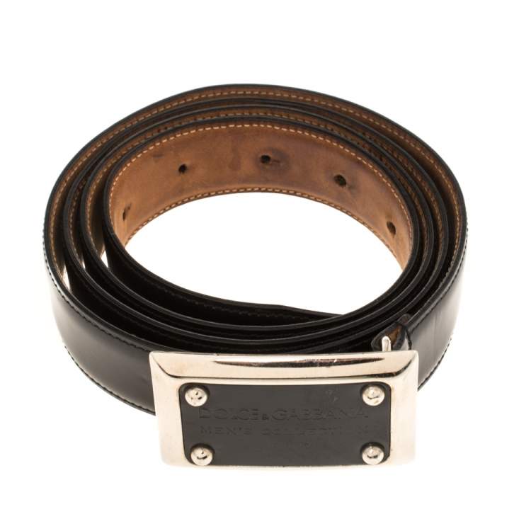 Pre Owned Dolce & Gabbana Black Patent Leather Logo Plaque Belt 105CM