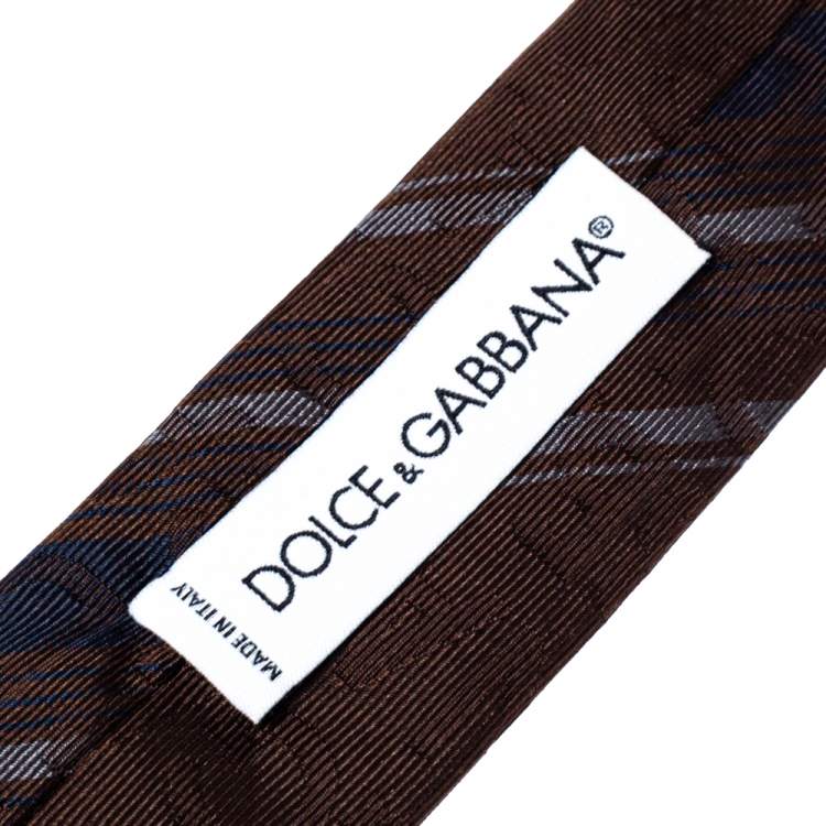 Pre Owned Dolce & Gabbana Brown Logo Silk Striped Tie 