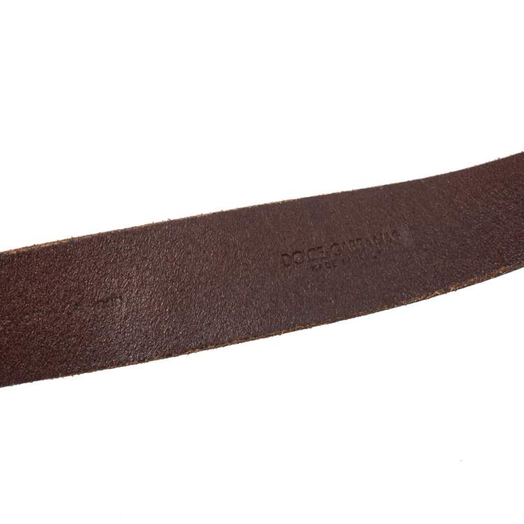 Pre Owned Dolce & Gabbana Dark Brown Leather Logo Plaque Belt 85CM