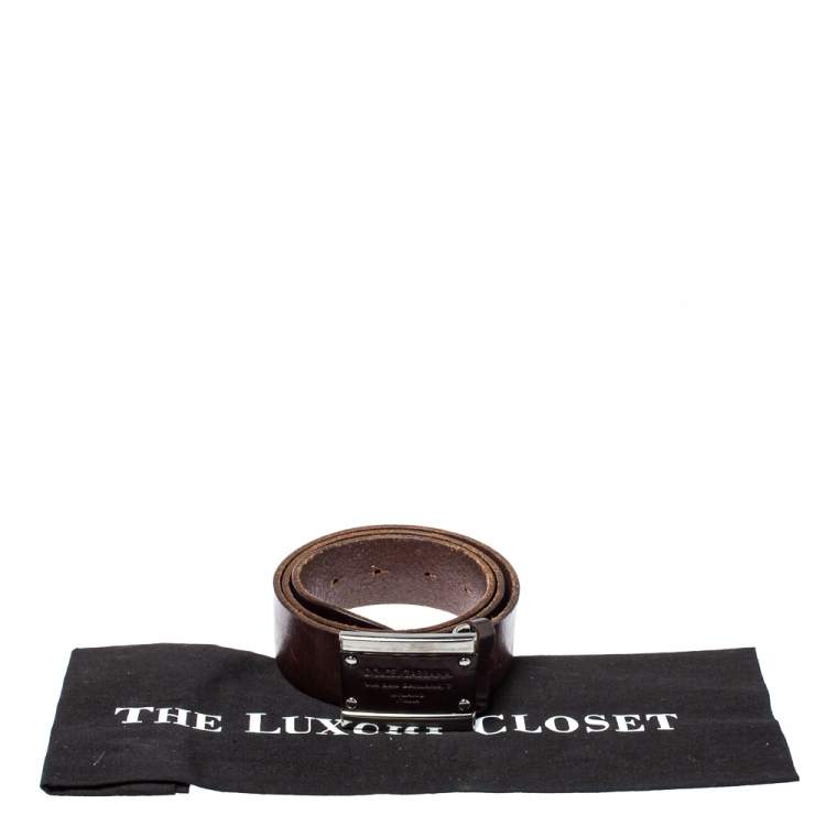 Pre Owned Dolce & Gabbana Dark Brown Leather Logo Plaque Belt 85CM