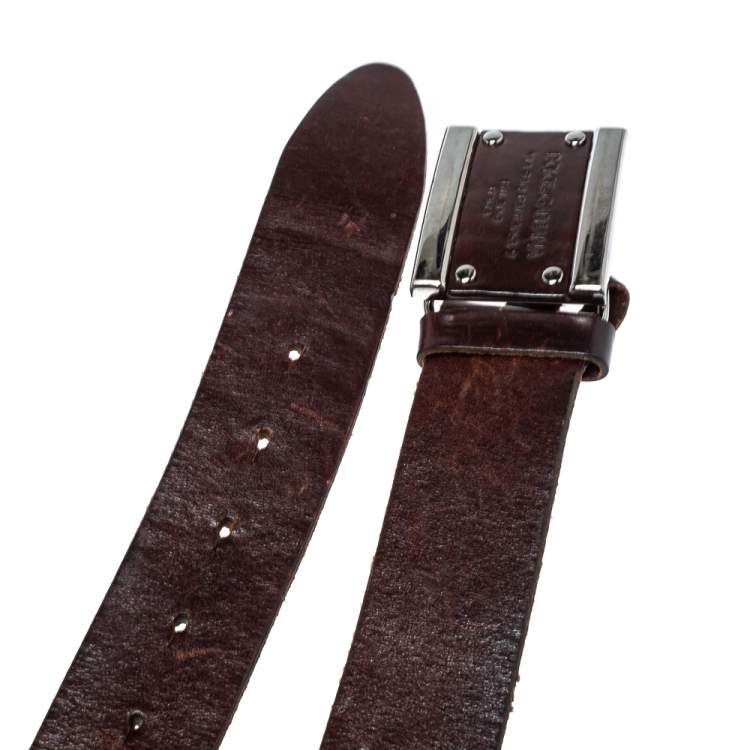 Pre Owned Dolce & Gabbana Dark Brown Leather Logo Plaque Belt 85CM
