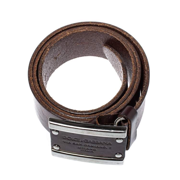 Pre Owned Dolce & Gabbana Dark Brown Leather Logo Plaque Belt 85CM