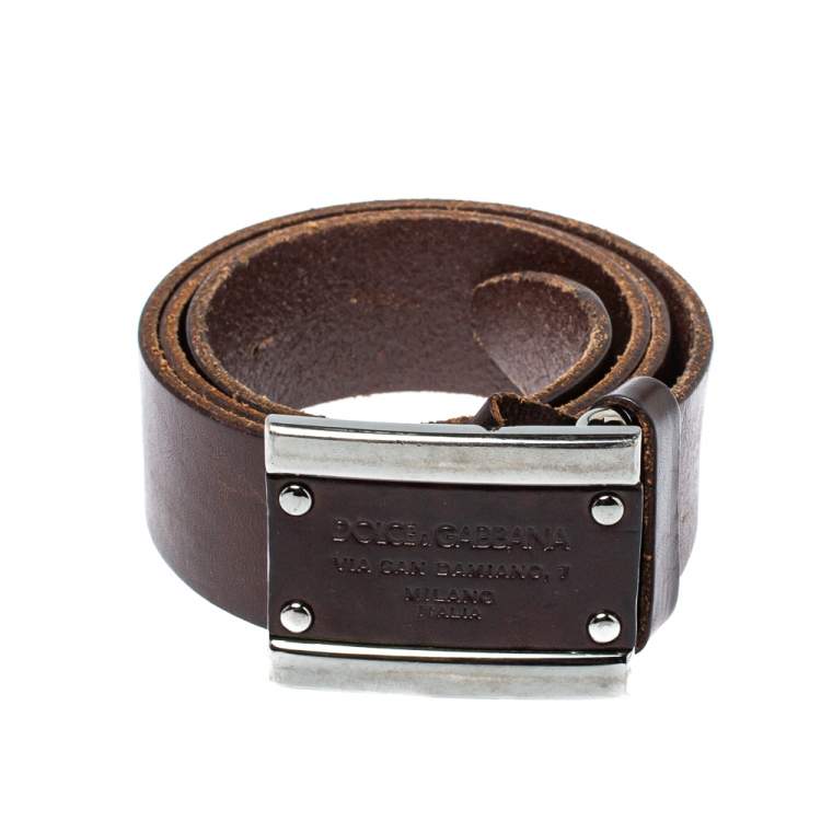 Pre Owned Dolce & Gabbana Dark Brown Leather Logo Plaque Belt 85CM