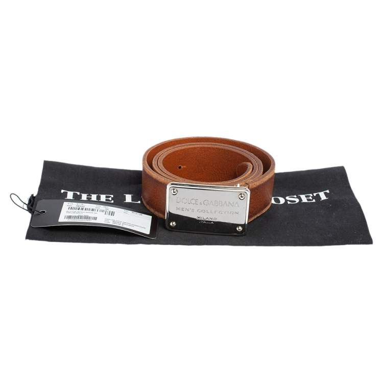 Pre Owned Dolce & Gabbana Brown Ombre Leather Logo Plaque Belt 95CM