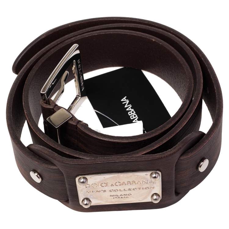Pre Owned Dolce & Gabbana Dark Brown Leather Logo Plague Buckle Belt 95CM