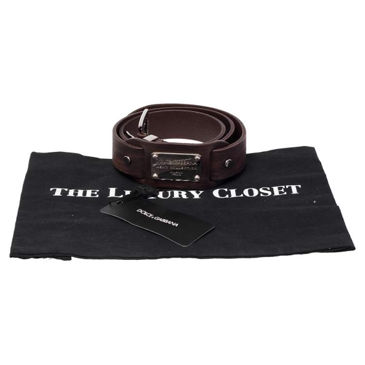 Pre Owned Dolce & Gabbana Dark Brown Leather Logo Plague Buckle Belt 95CM