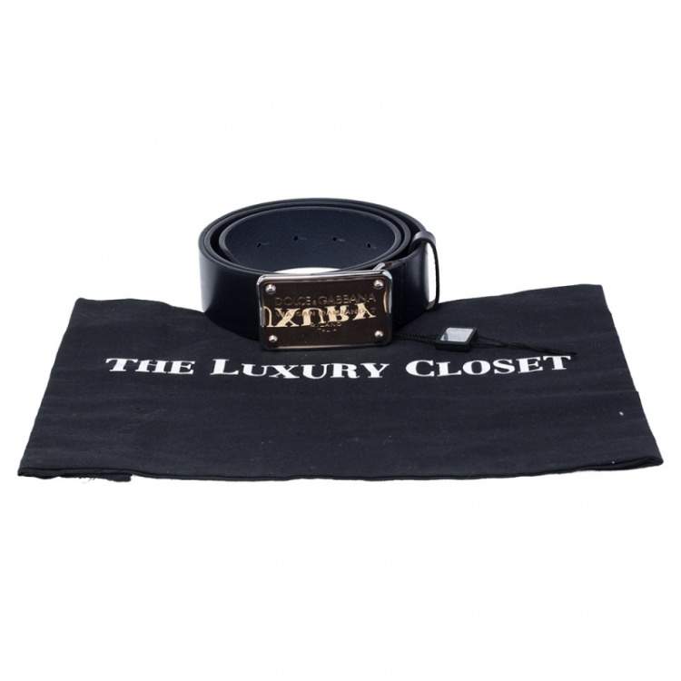 Pre Owned Dolce & Gabbana Navy Blue Leather Logo Plaque Belt 95 CM