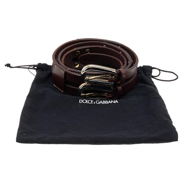 Pre Owned Dolce & Gabbana Dark Brown Leather Double Buckle Belt 95 CM