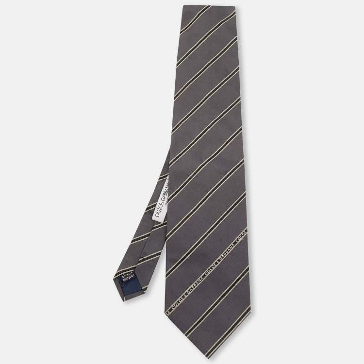 Pre Owned Dolce & Gabbana Grey Striped Silk Tie