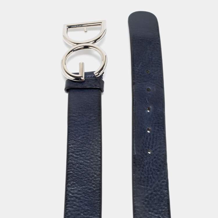 Pre Owned Dolce & Gabbana Navy Blue/Black Leather Logo Buckle Belt 95CM