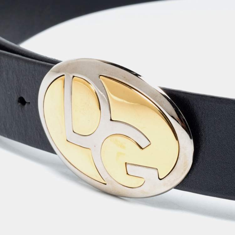 Pre Owned Dolce & Gabbana Black Leather Logo Buckle Belt 90 CM
