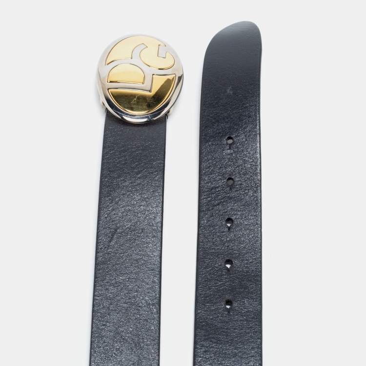Pre Owned Dolce & Gabbana Black Leather Logo Buckle Belt 90 CM