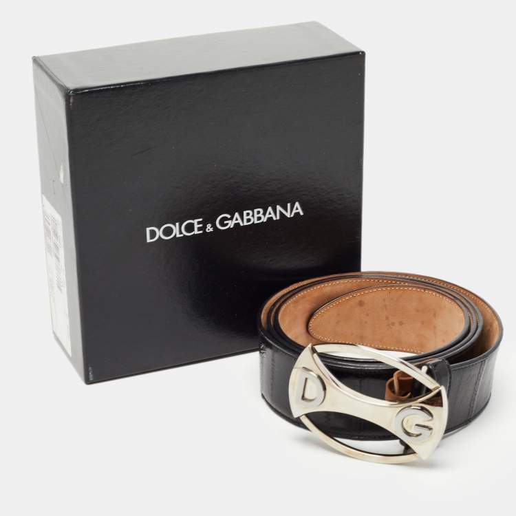 Pre Owned Dolce & Gabbana Black Eel Leather DG Oval Buckle Belt 105CM