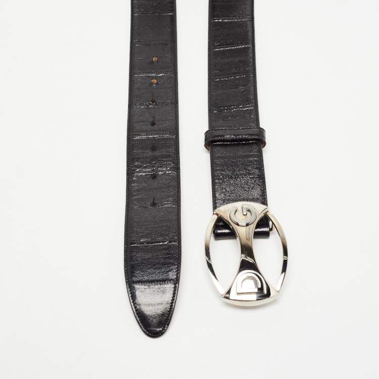 Pre Owned Dolce & Gabbana Black Eel Leather DG Oval Buckle Belt 105CM
