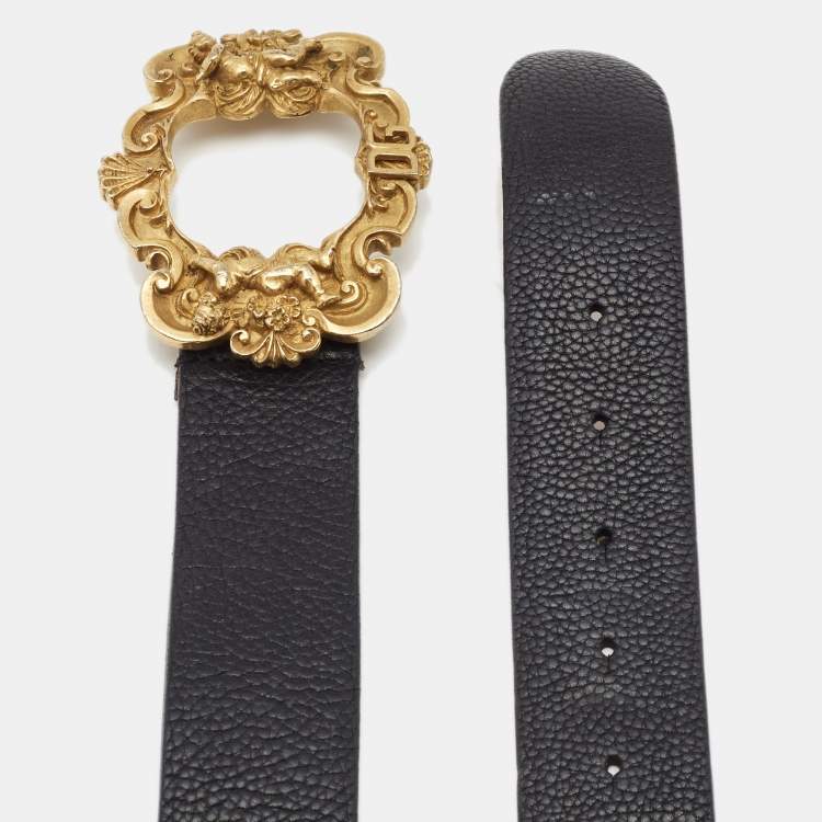 Pre Owned Dolce & Gabbana Black Leather Cherub Crest Buckle Belt 100CM