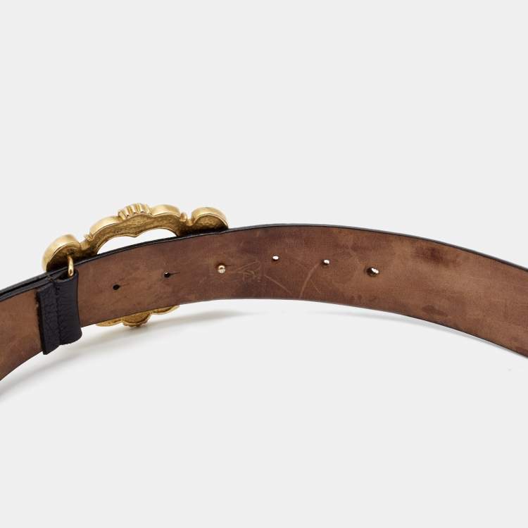Pre Owned Dolce & Gabbana Black Leather Cherub Crest Buckle Belt 100CM
