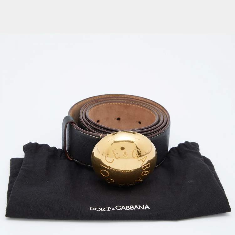 Pre Owned Dolce & Gabbana Black Leather Round Logo Plague Belt 95 CM