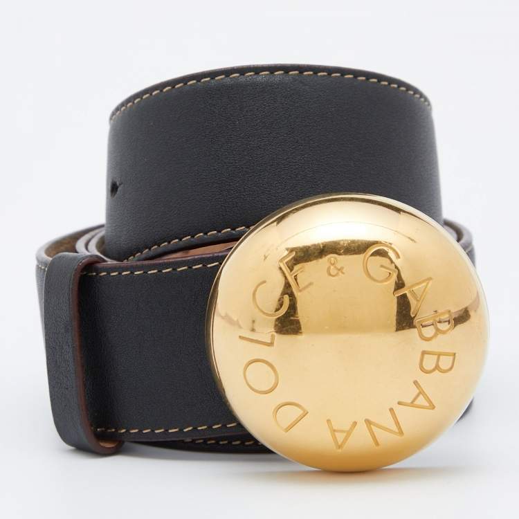 Pre Owned Dolce & Gabbana Black Leather Round Logo Plague Belt 95 CM