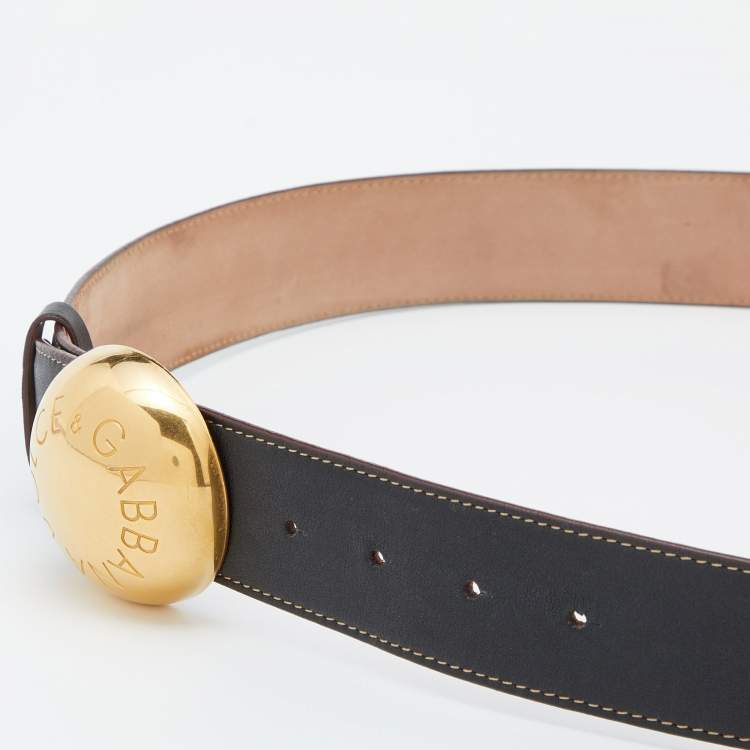 Pre Owned Dolce & Gabbana Black Leather Round Logo Plague Belt 95 CM