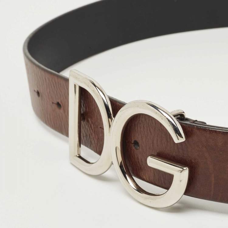 Pre Owned Dolce & Gabbana Brown/Black Leather D&G Logo Belt 90CM