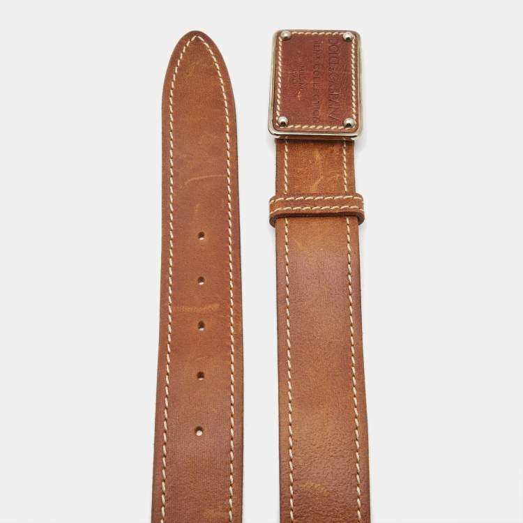 Pre Owned Dolce & Gabbana Brown Leather Logo Plaque Belt 95 CM