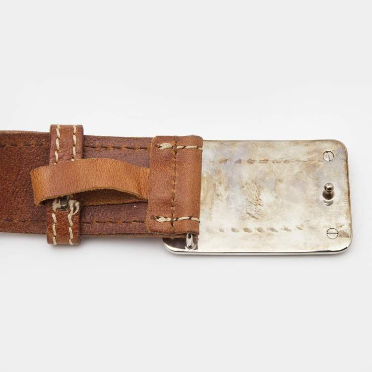 Pre Owned Dolce & Gabbana Brown Leather Logo Plaque Belt 95 CM