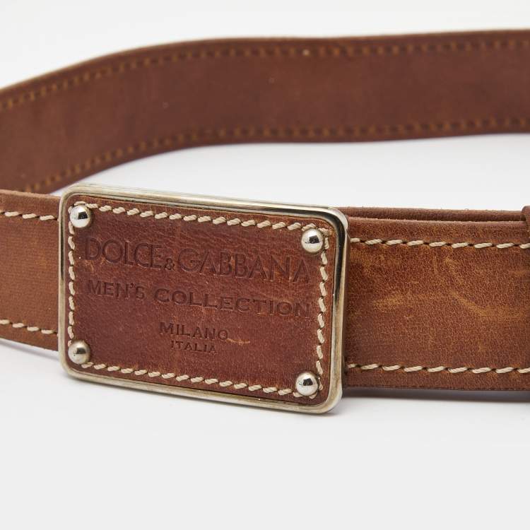 Pre Owned Dolce & Gabbana Brown Leather Logo Plaque Belt 95 CM