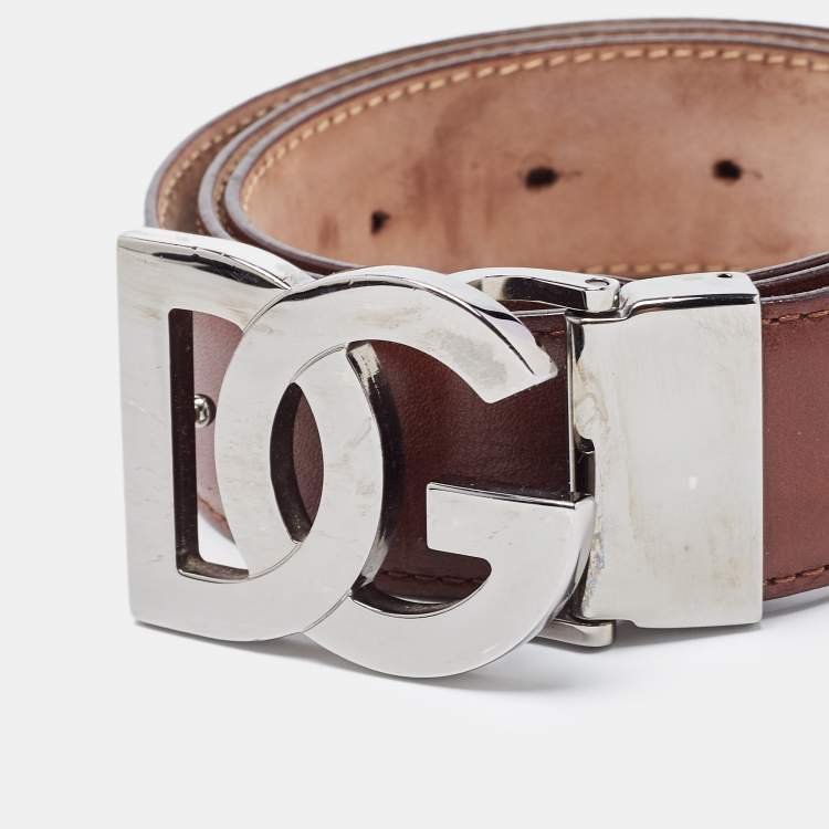 Pre Owned Dolce & Gabbana Brown Leather DG Logo Buckle Belt 100 CM