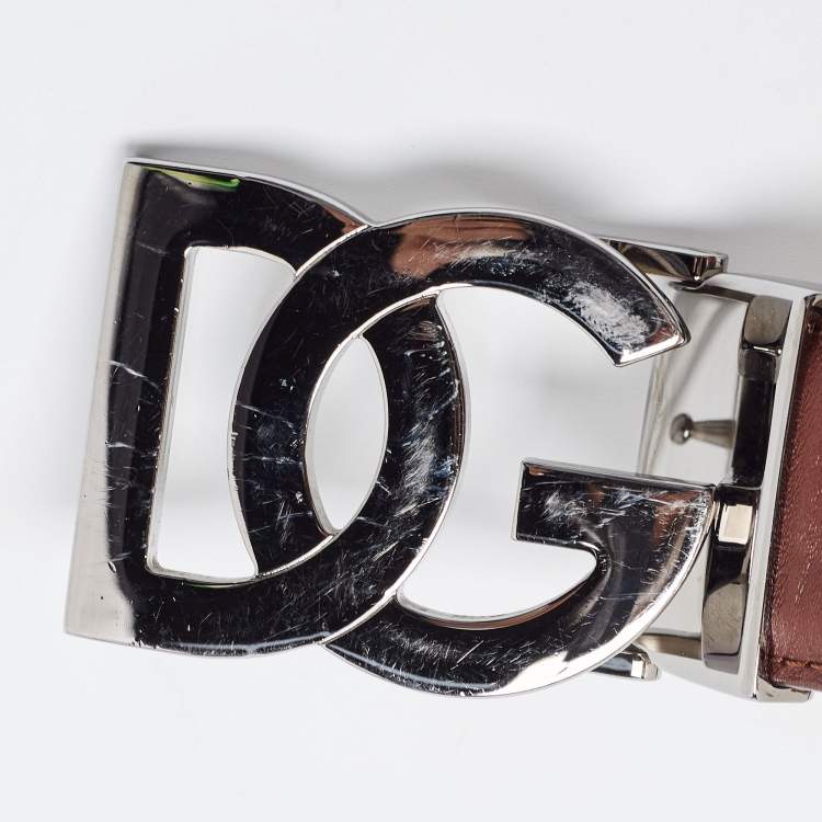 Pre Owned Dolce & Gabbana Brown Leather DG Logo Buckle Belt 100 CM