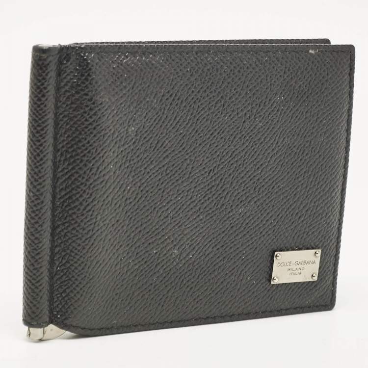 Pre Owned Dolce & Gabbana Black Leather Money Clip Bifold Card Holder
