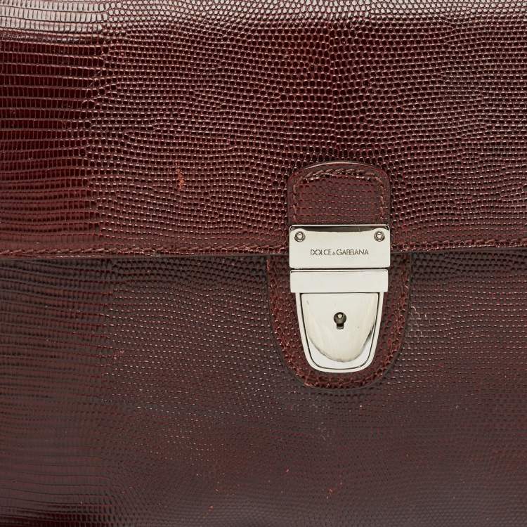 Pre Owned Dolce & Gabbana Burgundy Lizard Embossed Leather Wristlet Lock Pouch