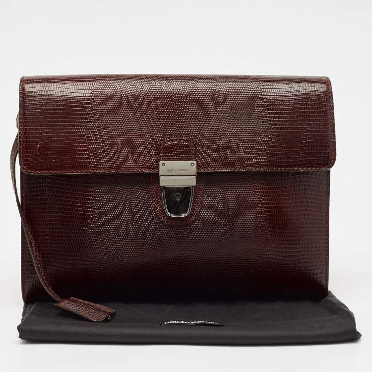 Pre Owned Dolce & Gabbana Burgundy Lizard Embossed Leather Wristlet Lock Pouch