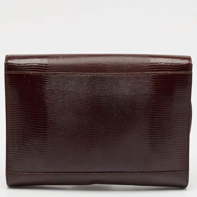 Pre Owned Dolce & Gabbana Burgundy Lizard Embossed Leather Wristlet Lock Pouch