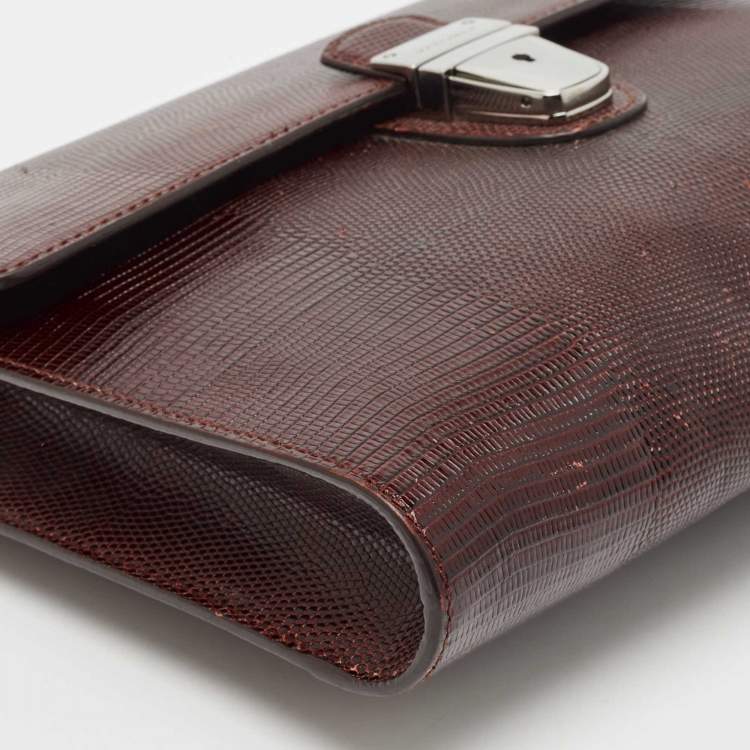 Pre Owned Dolce & Gabbana Burgundy Lizard Embossed Leather Wristlet Lock Pouch