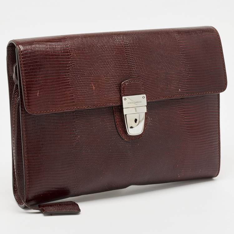 Pre Owned Dolce & Gabbana Burgundy Lizard Embossed Leather Wristlet Lock Pouch