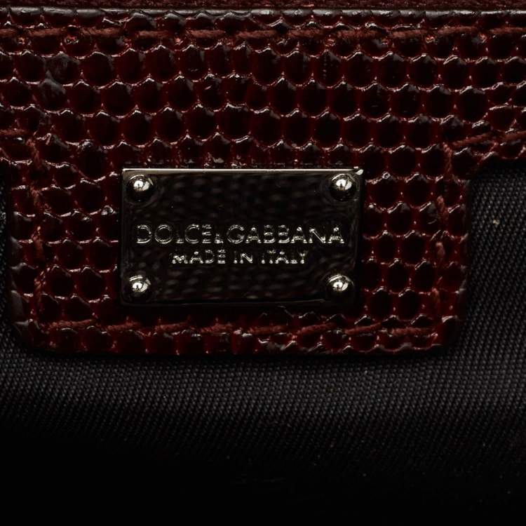 Pre Owned Dolce & Gabbana Burgundy Lizard Embossed Leather Wristlet Lock Pouch