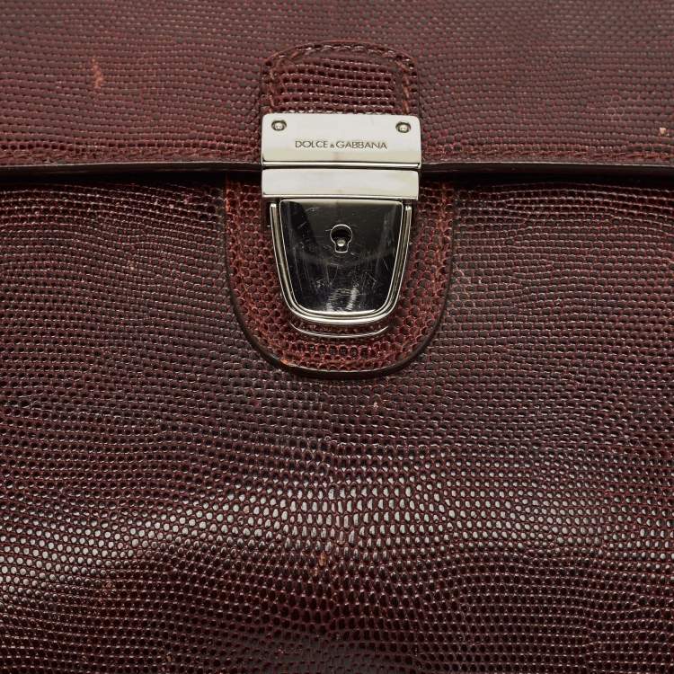 Pre Owned Dolce & Gabbana Burgundy Lizard Embossed Leather Wristlet Lock Pouch